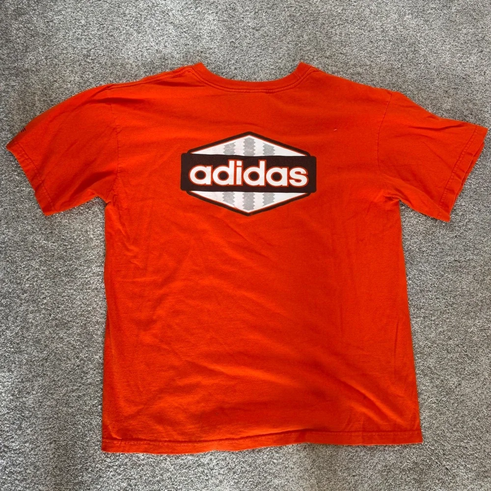 Vintage Adidas Mens Large Orange Graphic T-Shirt Short Sleeve Logo Crew Neck